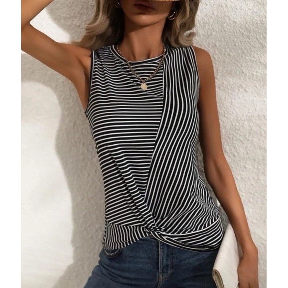 Sweaty Rock Sleeveless Top Women Large Black NWT Striped Twisted Hem